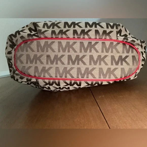 Michael Kors MK Logo Canvas Tote Bag Brown Red Leather Handles Tassel Purse - Picture 3 of 17